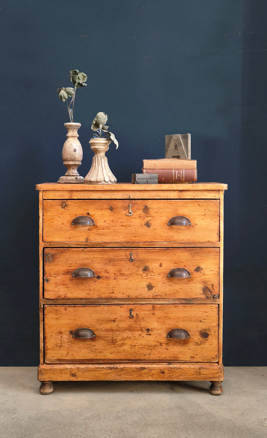 Piccola Cassettiera Antica in Pino | UK, metà '800