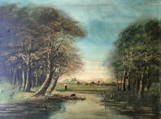 Dipinto antico a olio | Paesaggio Rurale, scuola Barbizon, fine '800