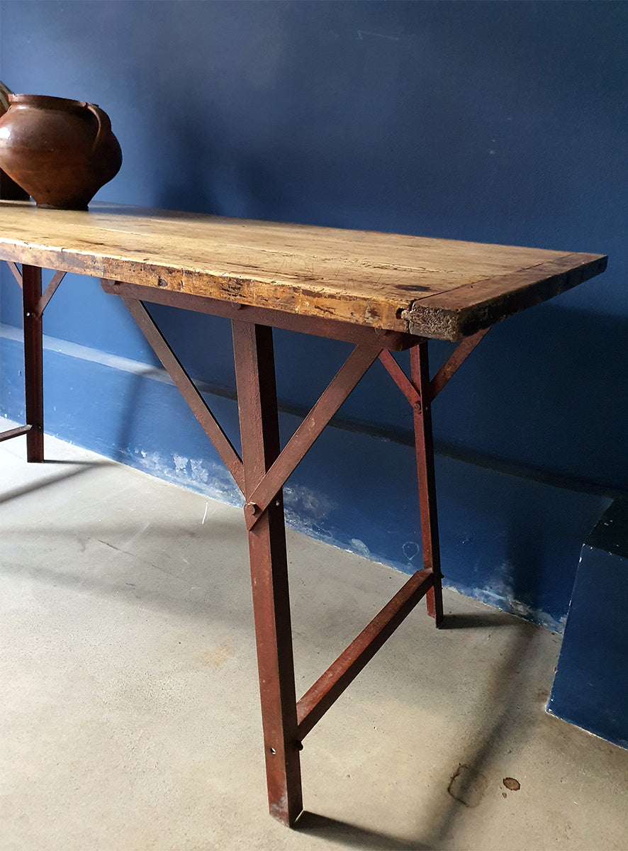 Tavolo / Consolle in stile industriale con antico top in legno di pioppo
