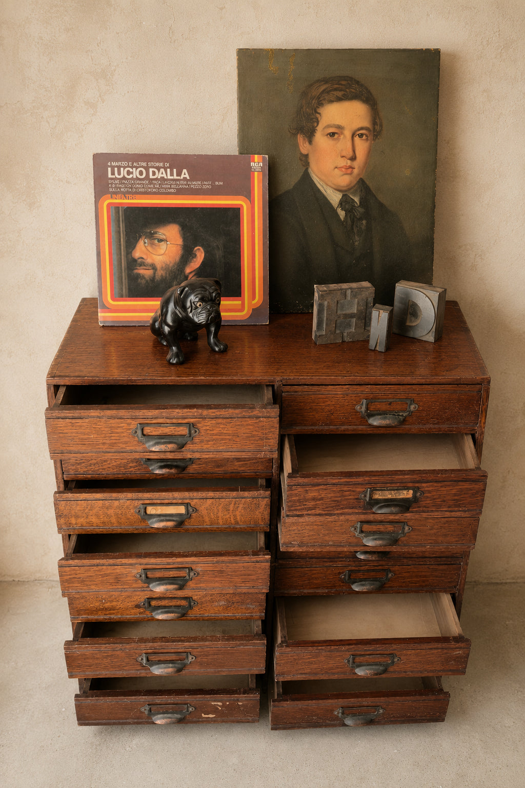 Cassettiera Antica inglese da archivio in rovere, 16 cassetti | primi '900