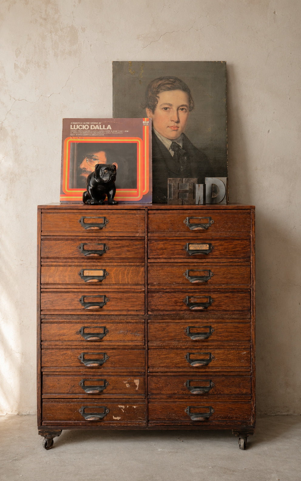Cassettiera Antica inglese da archivio in rovere, 16 cassetti | primi '900