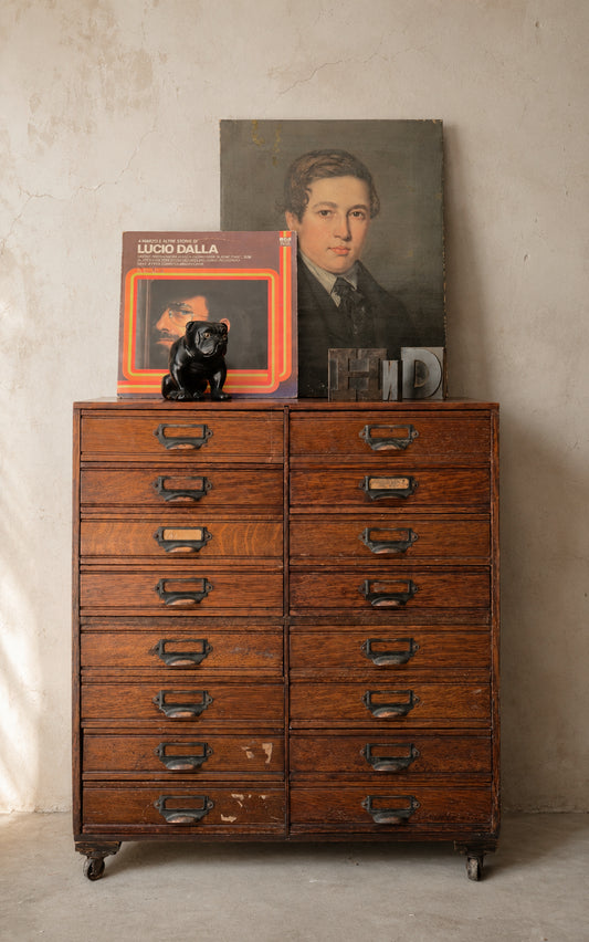 Cassettiera Antica inglese da archivio in rovere, 16 cassetti | primi '900