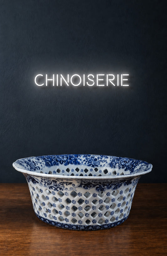 Ciotola / Cestino portafrutta inglese traforato in pearlware blu e bianca | circa 1800–1830