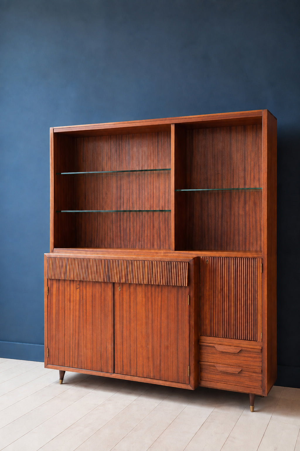 Credenza / Libreria Vintage in mogano a rigatino | Italia, anni ’50