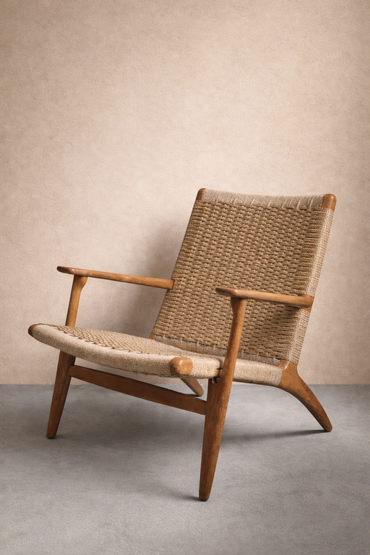 Poltrona lounge CH25, design Hans J. Wegner (1950), produzione originale Carl Hansen & Søn – Odense, Danimarca.